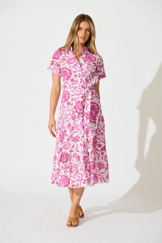 Airlie Midi Shirt Dress in White with Pink Floral Embroidery sold by St Frock