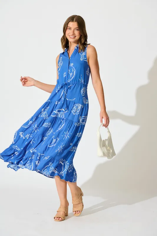 Maelle Midi Dress in Blue with White Print sold by St Frock