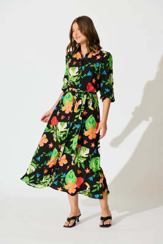 Aurelina Maxi Shirt Dress in Black Multi Print sold by St Frock