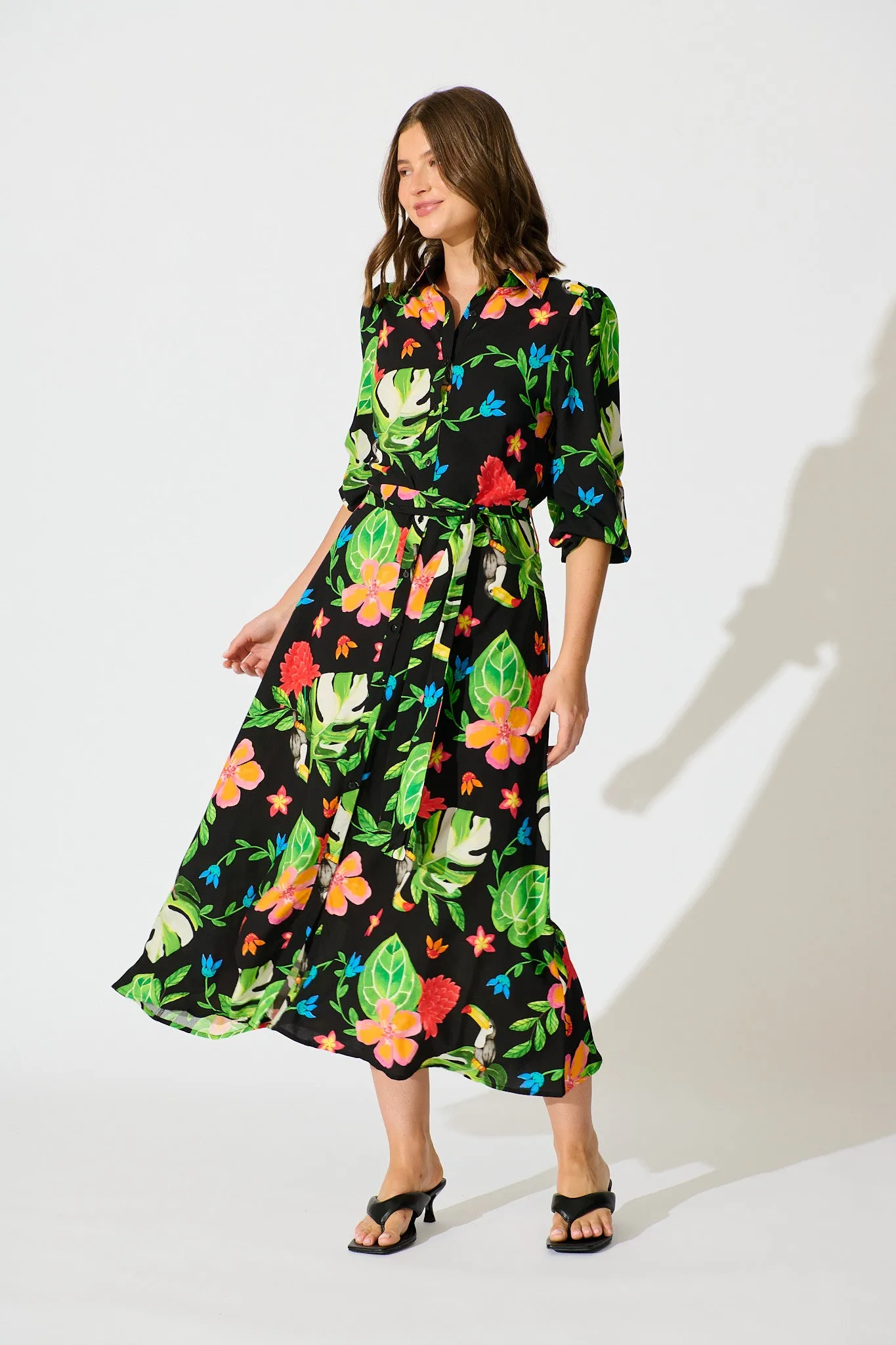 Aurelina Maxi Shirt Dress in Black Multi Print sold by St Frock