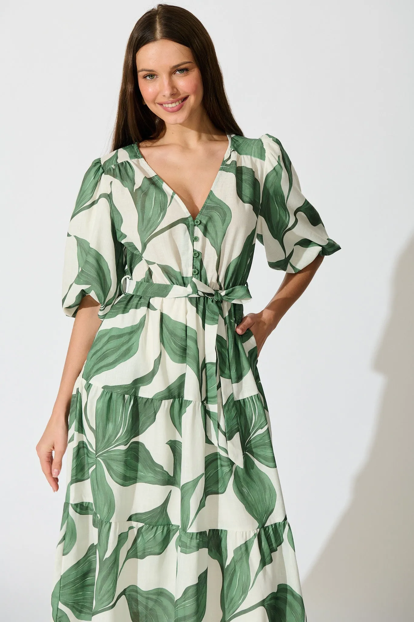Lucie Maxi Dress in Cream with Green Leaf Linen Blend sold by St Frock product image thumbnail 2