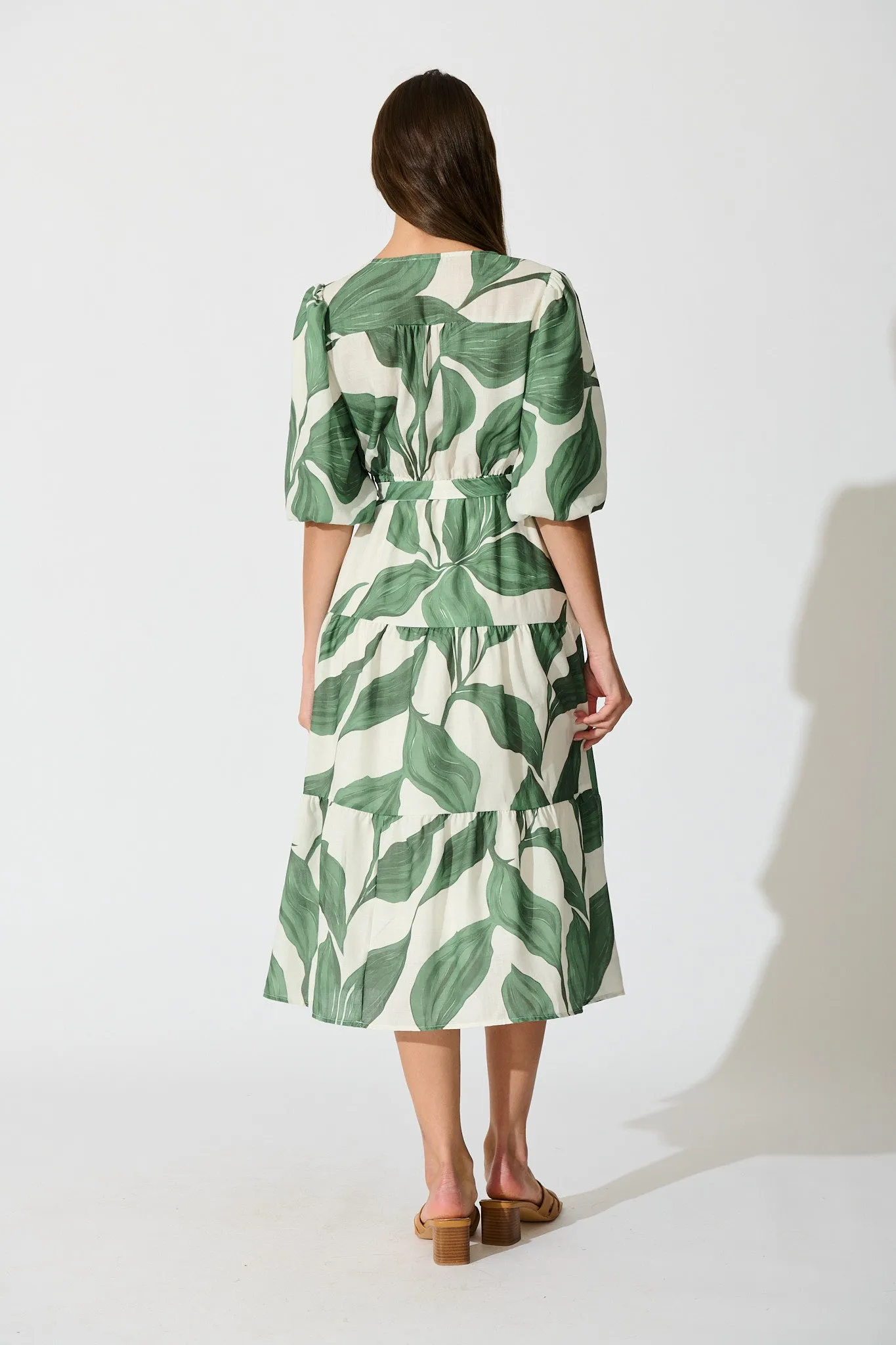 Lucie Maxi Dress in Cream with Green Leaf Linen Blend sold by St Frock product image thumbnail 4