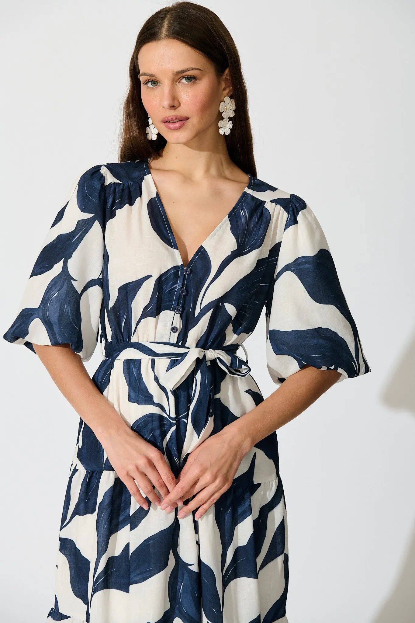 Lucie Maxi Dress in White with Navy Leaf Linen Blend sold by St Frock product image thumbnail 2