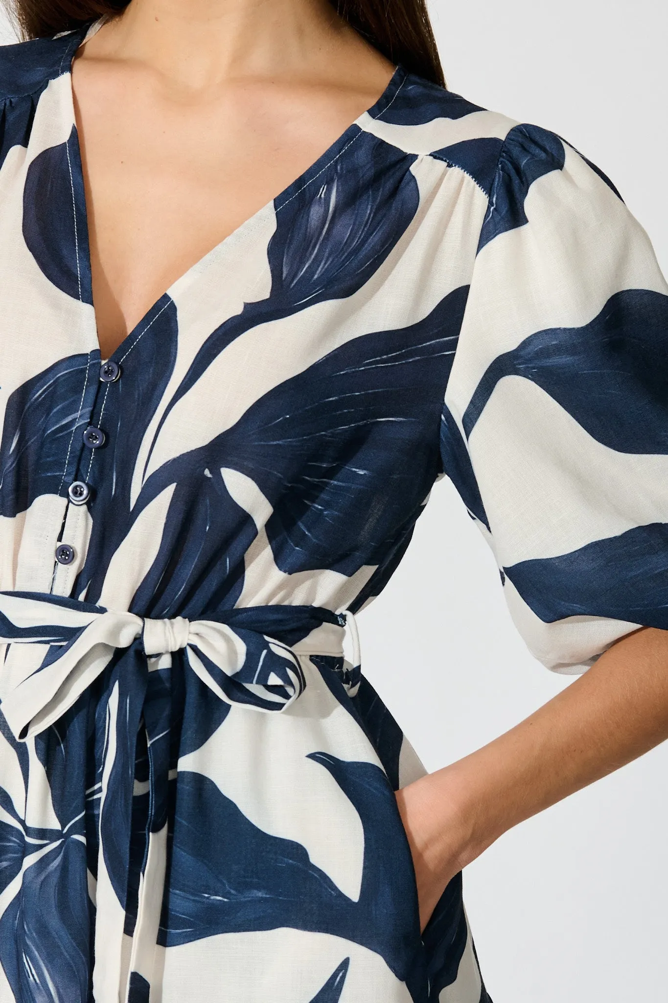 Lucie Maxi Dress in White with Navy Leaf Linen Blend sold by St Frock product image thumbnail 5