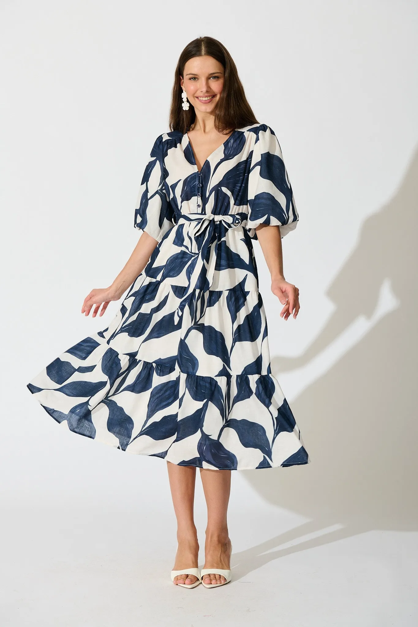 Lucie Maxi Dress in White with Navy Leaf Linen Blend sold by St Frock