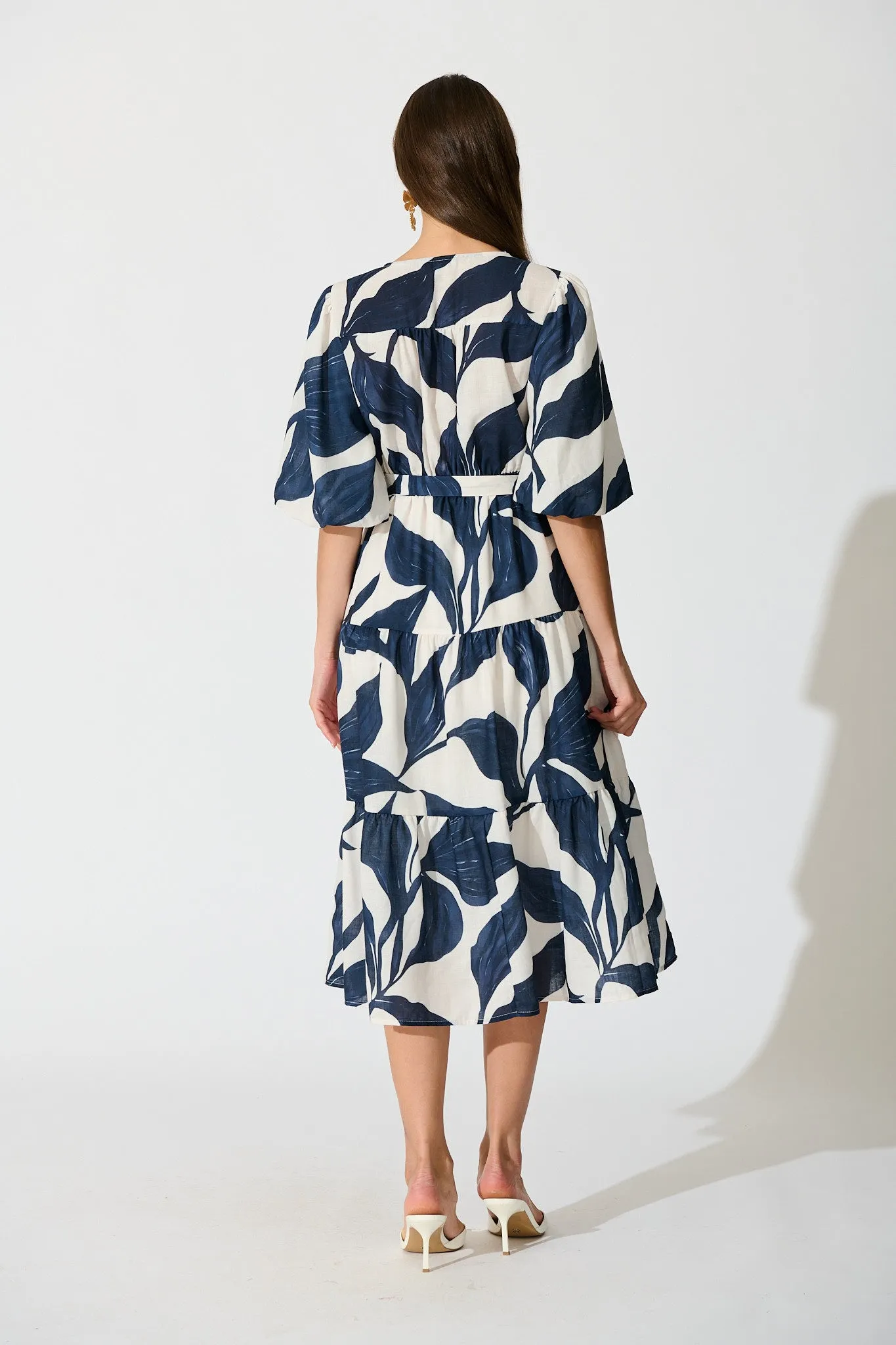Lucie Maxi Dress in White with Navy Leaf Linen Blend sold by St Frock product image thumbnail 4