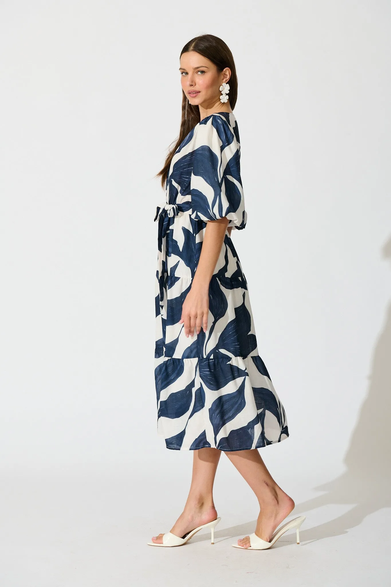 Lucie Maxi Dress in White with Navy Leaf Linen Blend sold by St Frock product image thumbnail 3