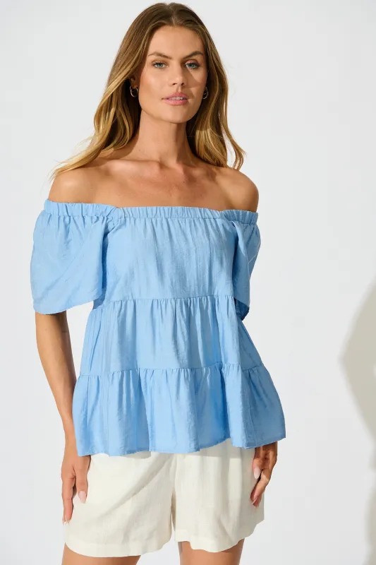 Jemma Off Shoulder Top in Light Blue Linen Blend sold by St Frock