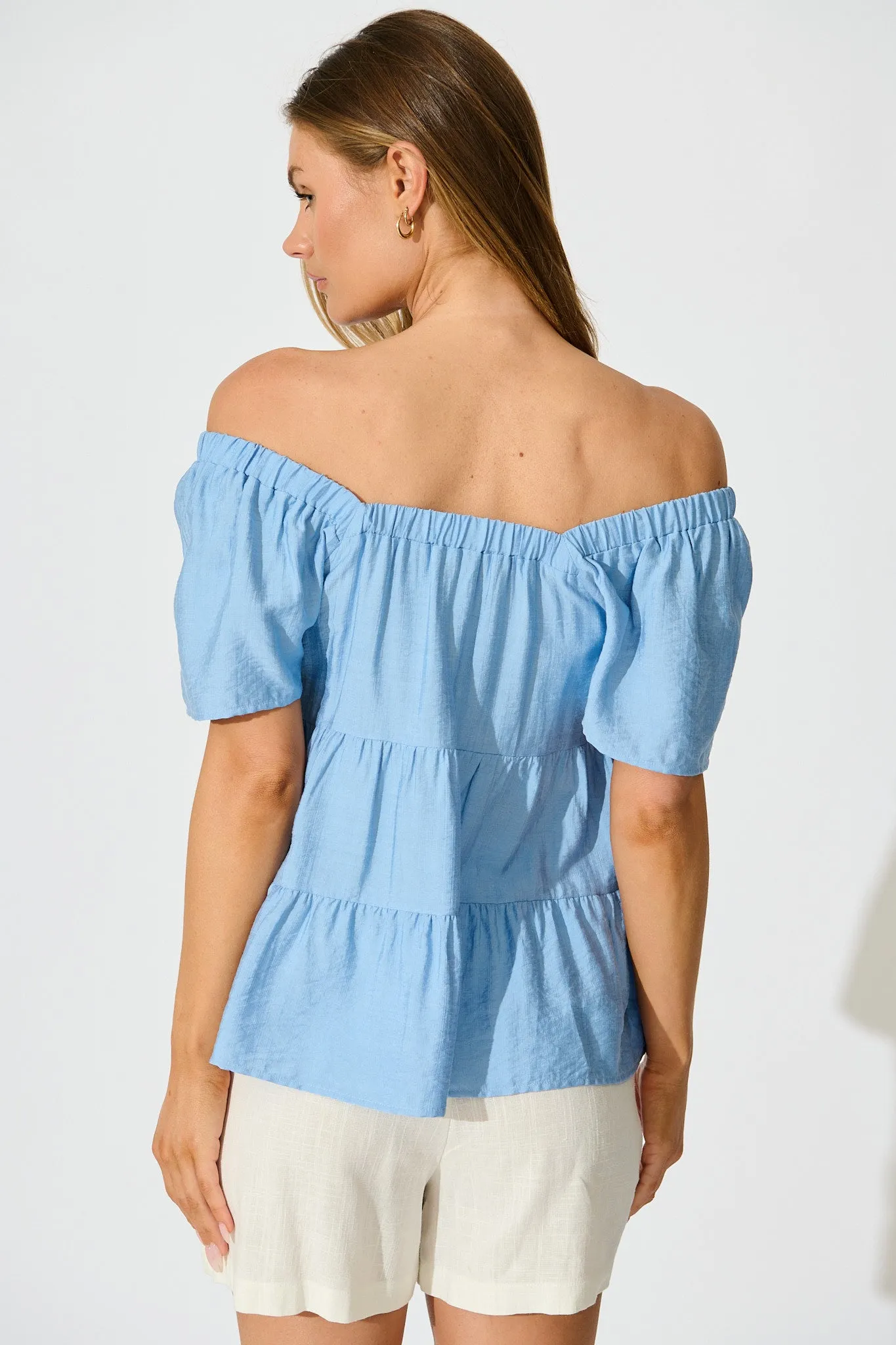 Jemma Off Shoulder Top in Light Blue Linen Blend sold by St Frock product image thumbnail 3