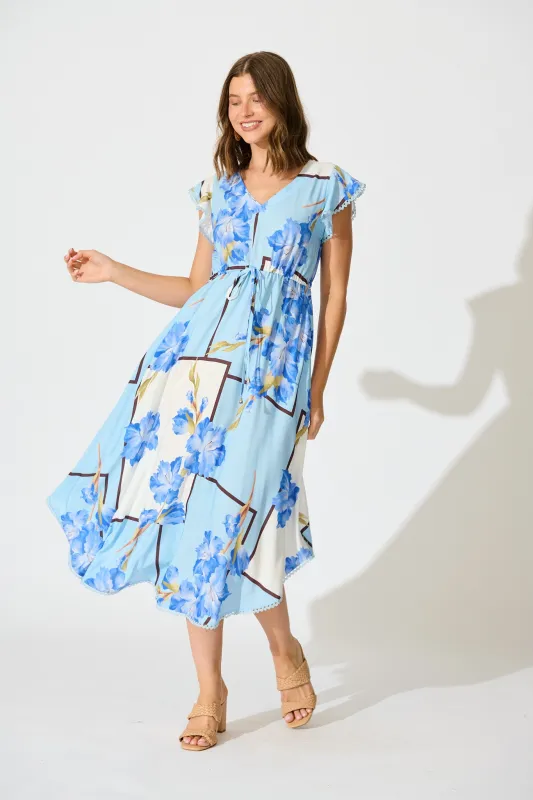 Atana Midi Dress in Blue Floral Print sold by St Frock