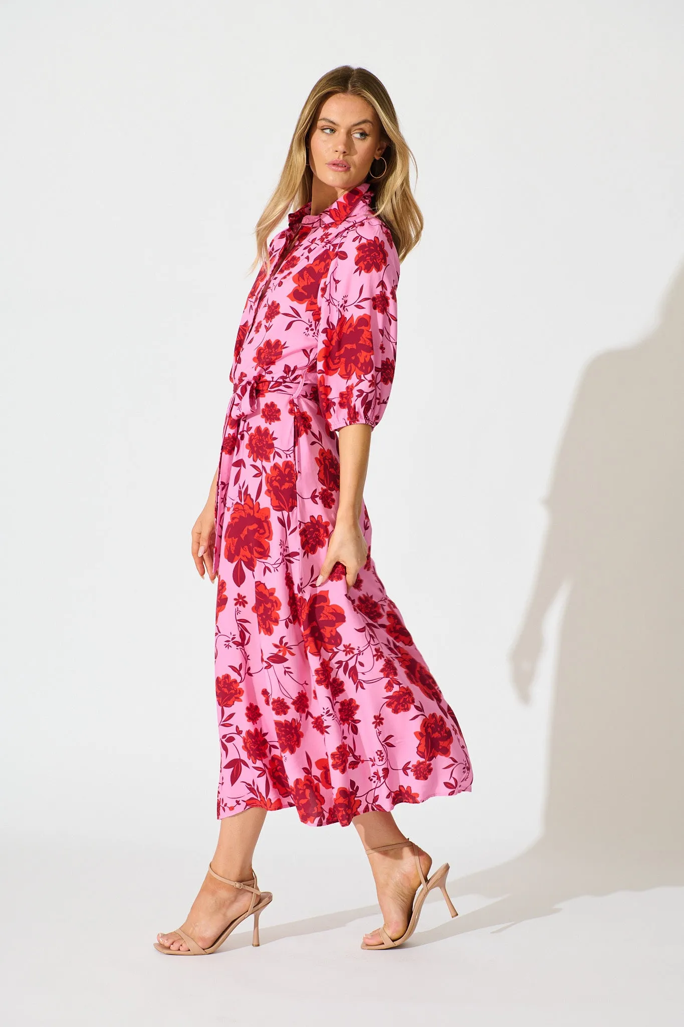 Coco Maxi Shirt Dress in Pink with Red Floral Print sold by St Frock product image thumbnail 3