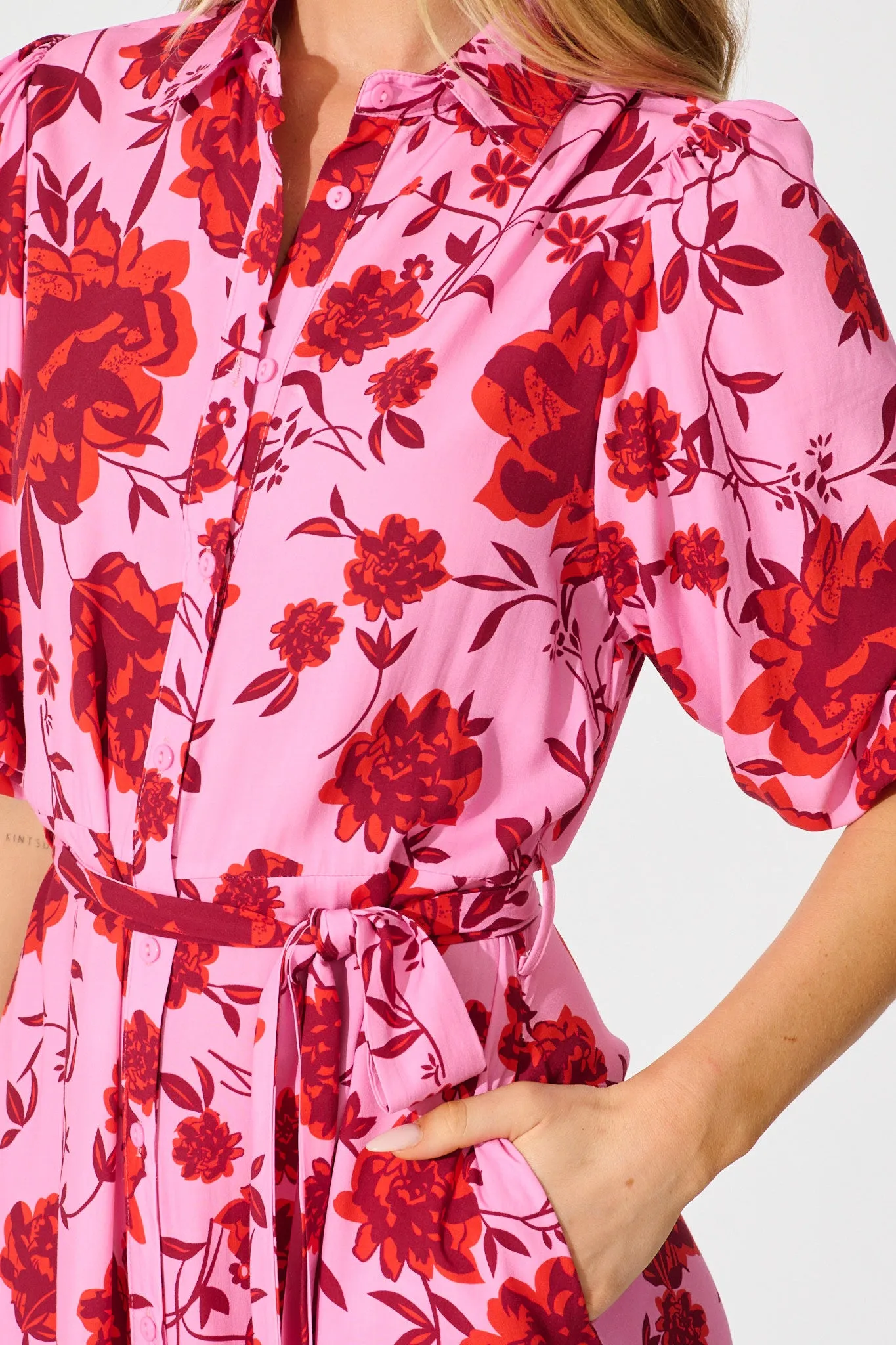 Coco Maxi Shirt Dress in Pink with Red Floral Print sold by St Frock product image thumbnail 5