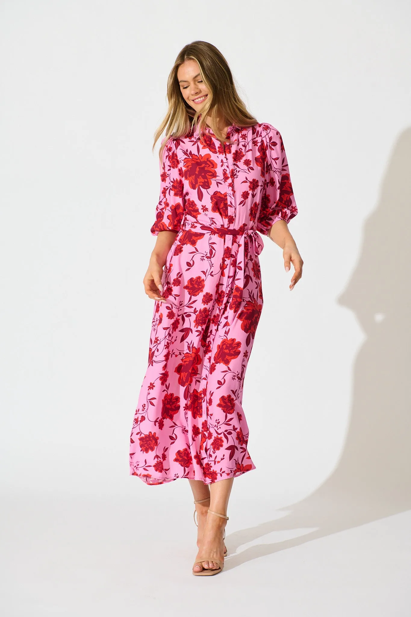 Coco Maxi Shirt Dress in Pink with Red Floral Print sold by St Frock