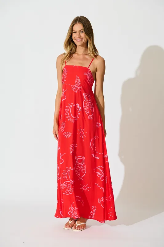 Lavara Maxi Sundress in Red with Pink Print sold by St Frock