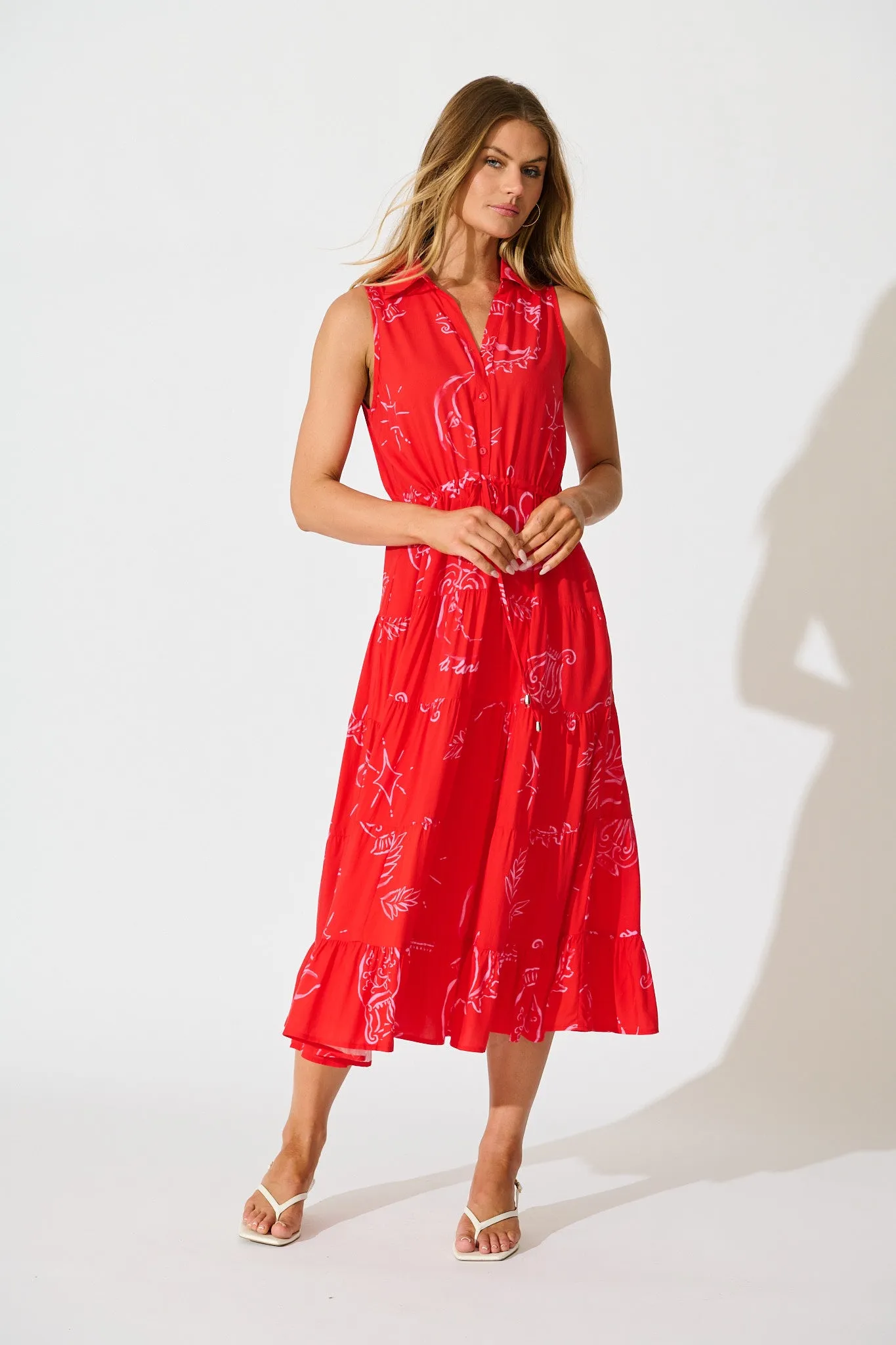Maelle Midi Dress in Red with Pink Print sold by St Frock