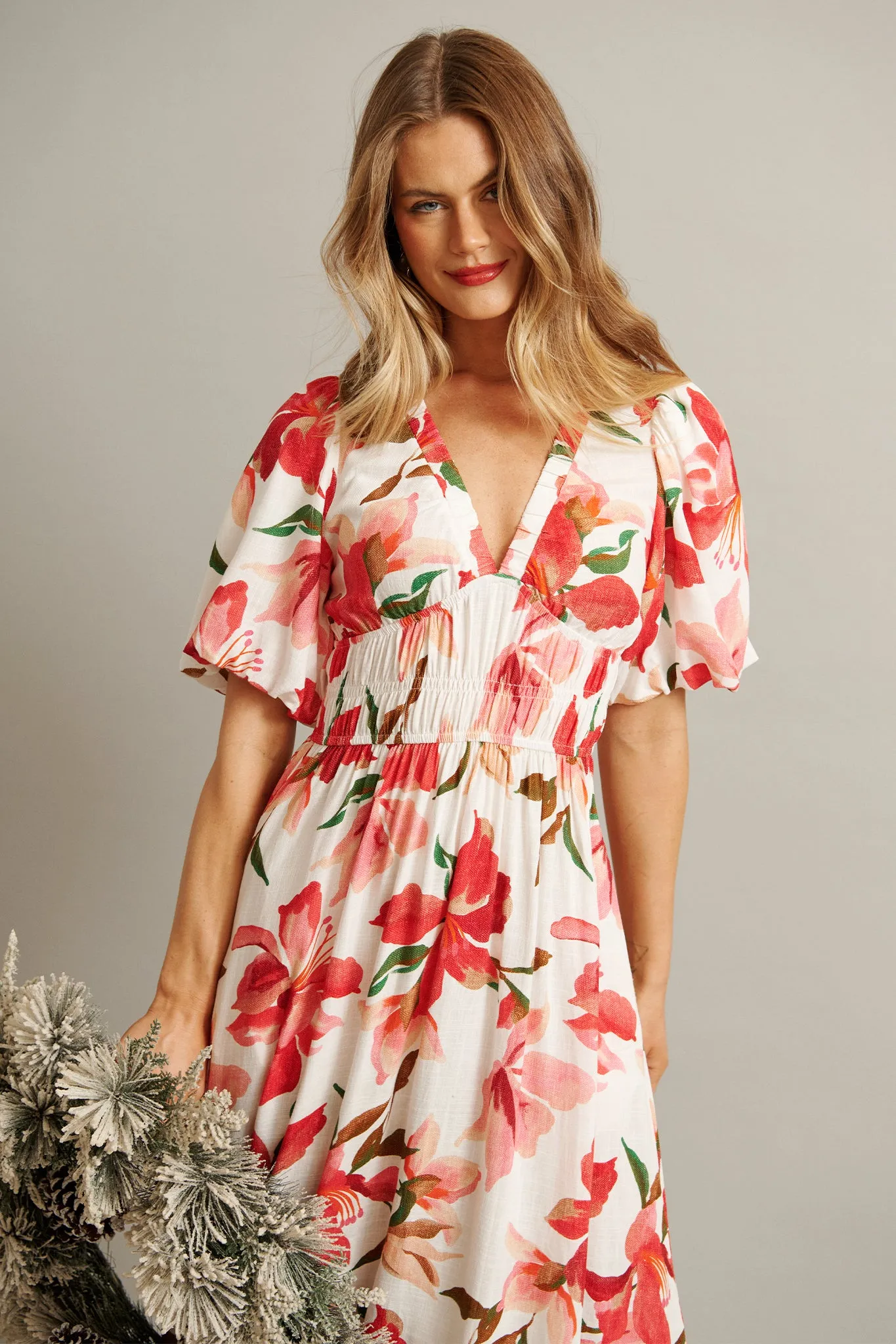 Bloomlit Midi Dress in White with Red Floral Linen Blend sold by St Frock product image thumbnail 2