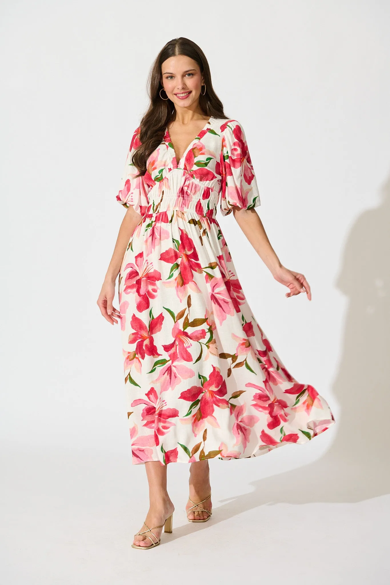 Bloomlit Midi Dress in White with Red Floral Linen Blend sold by St Frock product image thumbnail 3