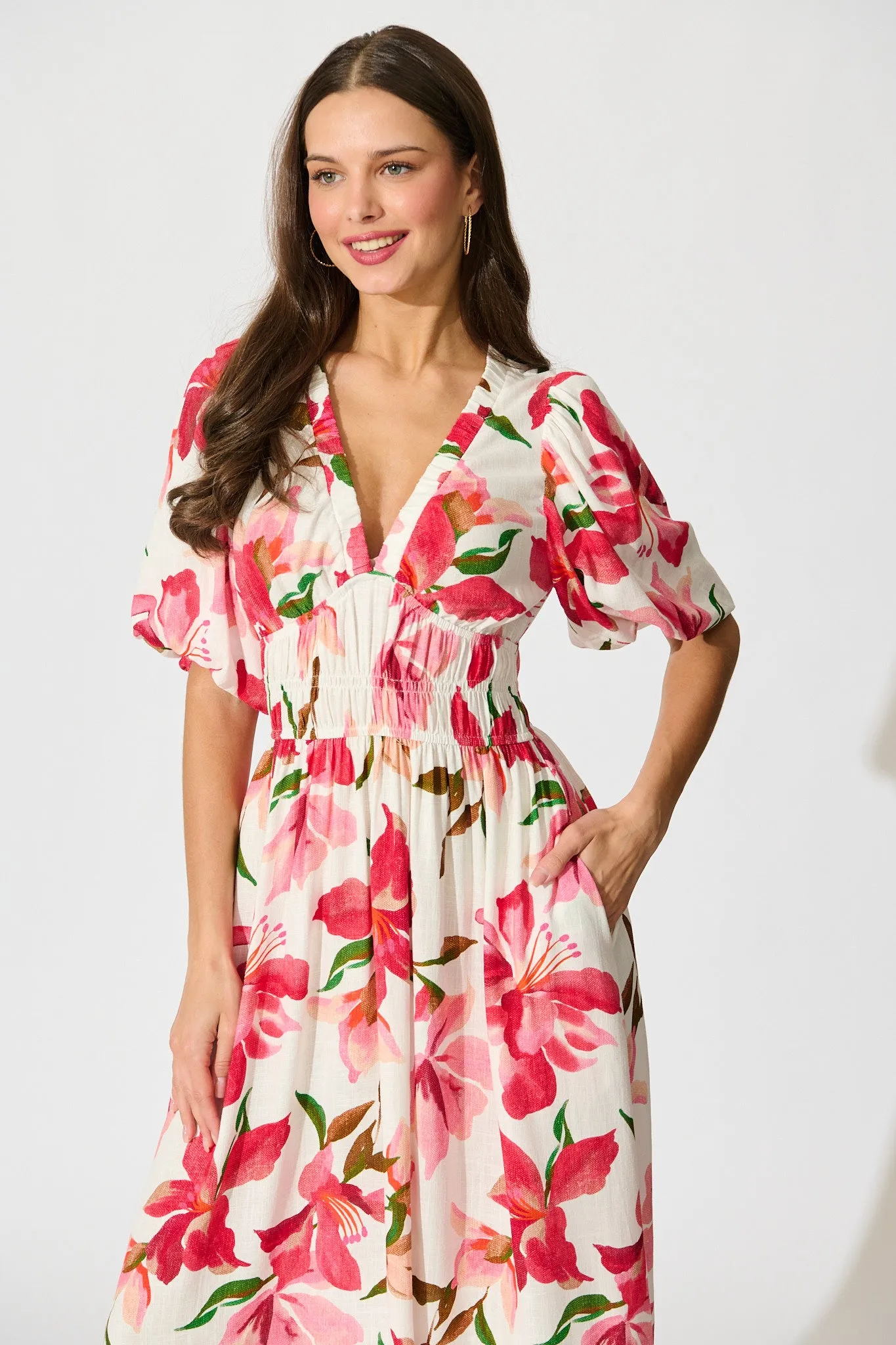 Bloomlit Midi Dress in White with Red Floral Linen Blend sold by St Frock product image thumbnail 5