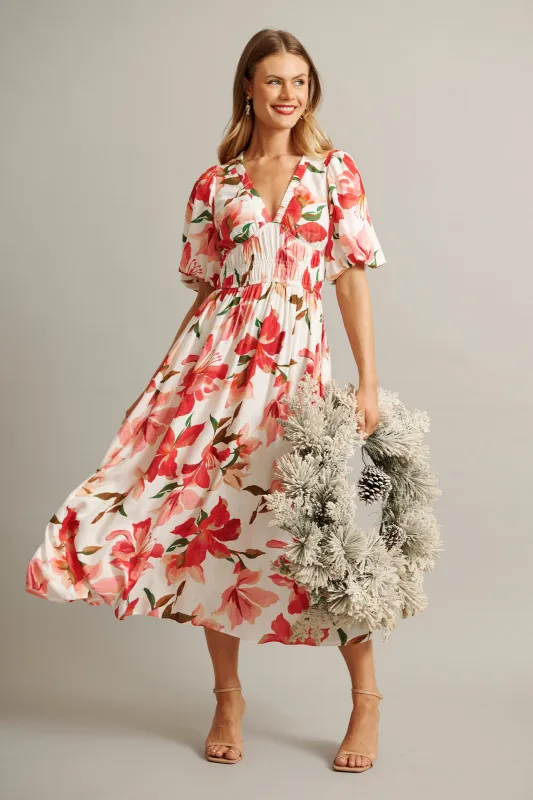 Bloomlit Midi Dress in White with Red Floral Linen Blend sold by St Frock