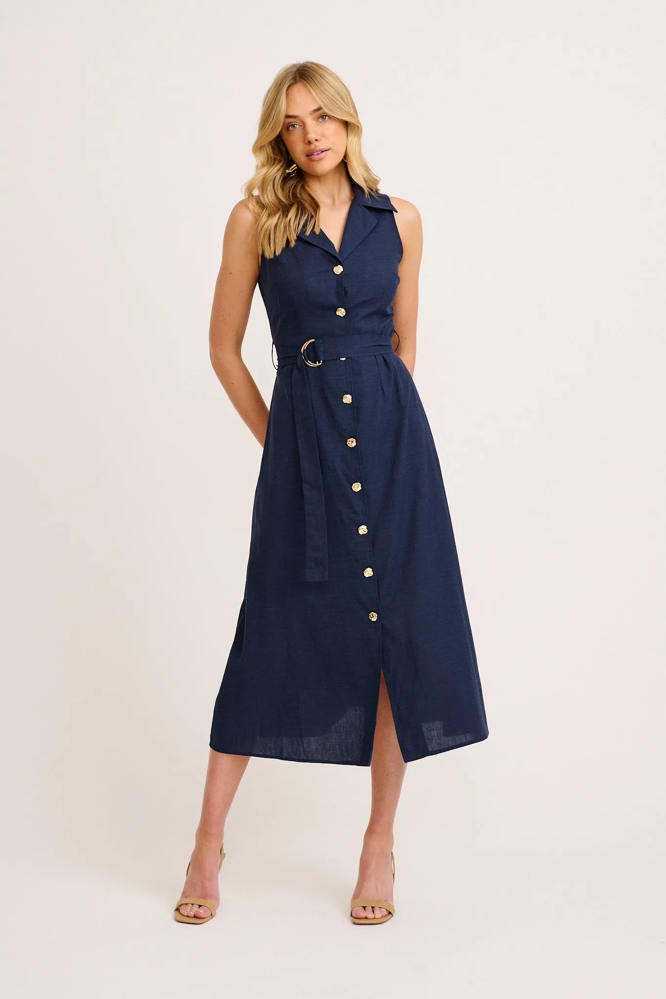 Arlena Maxi Shirt Dress in Navy Cotton Linen sold by St Frock