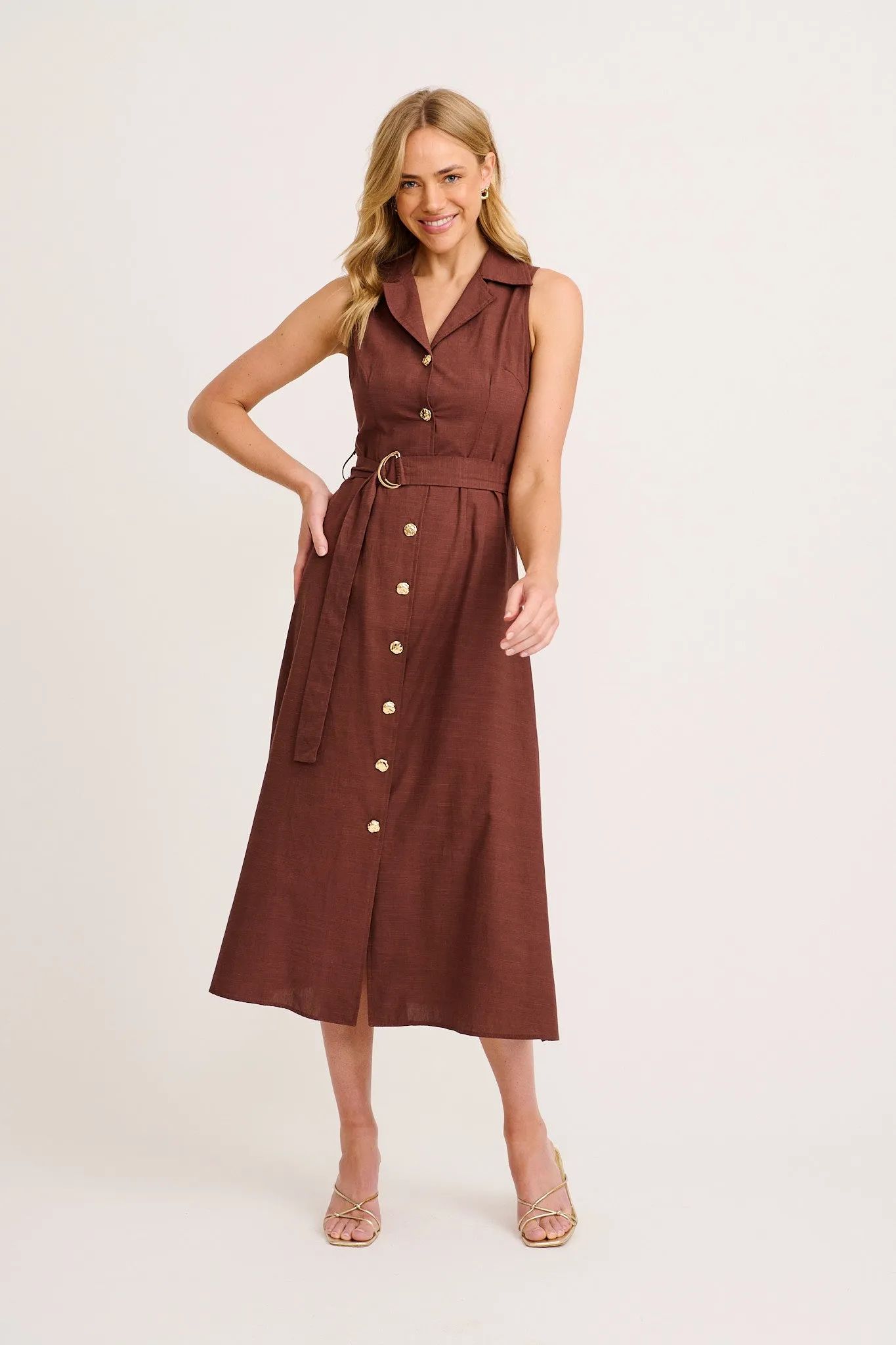 Arlena Maxi Shirt Dress in Chocolate Cotton Linen sold by St Frock
