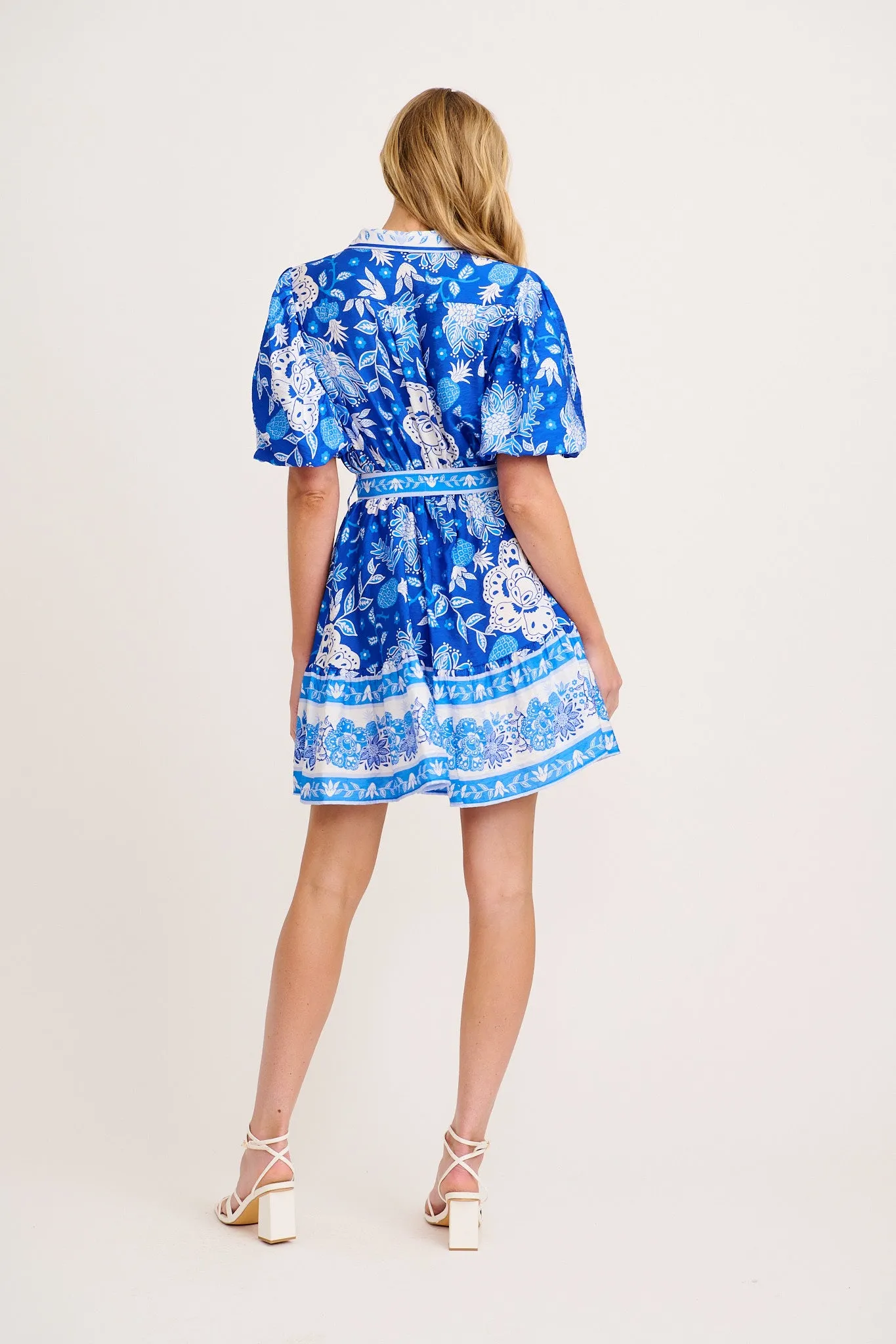 Tainy Shirt Dress in Blue with White Floral Linen Blend sold by St Frock product image thumbnail 4