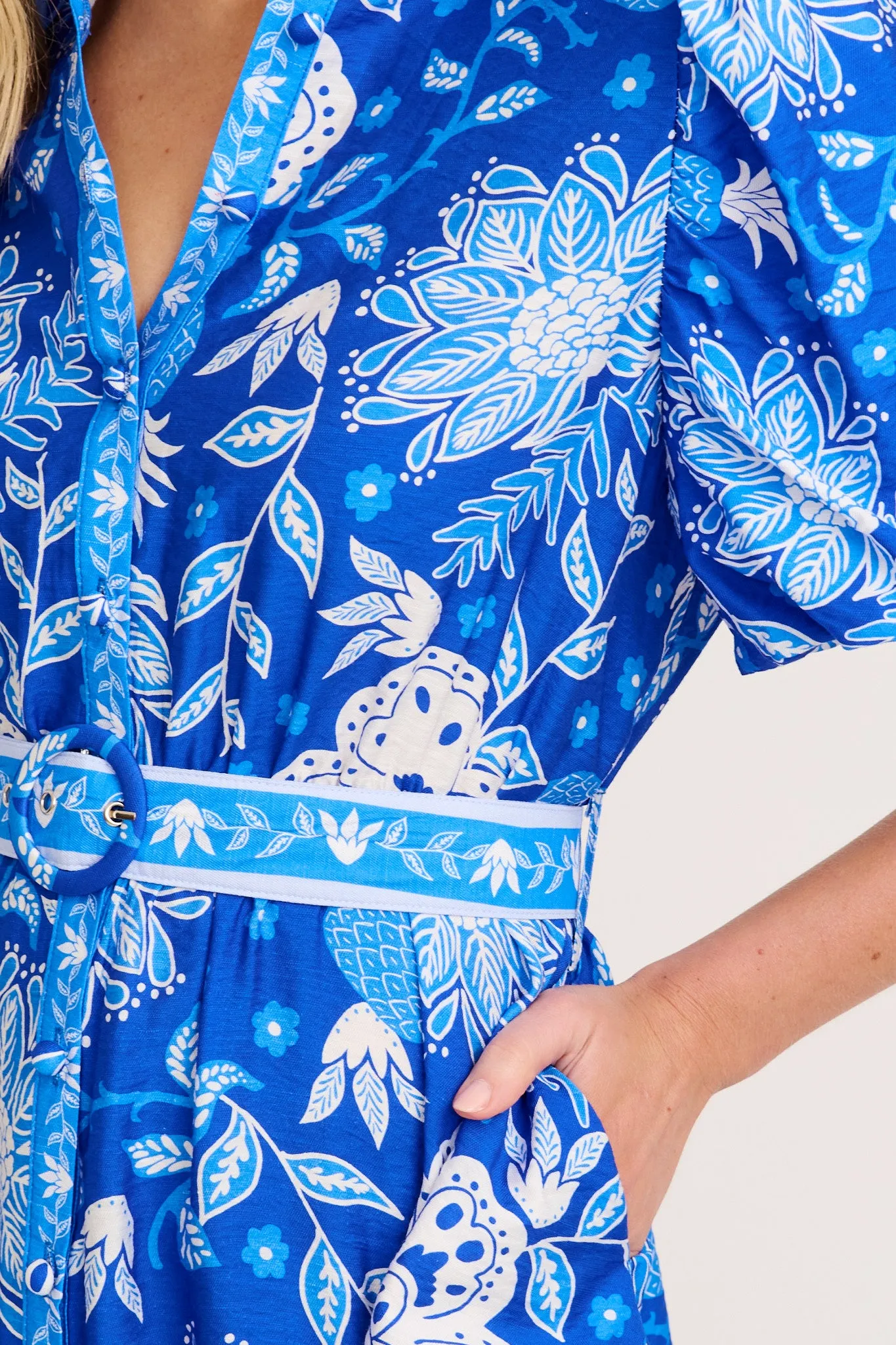 Tainy Shirt Dress in Blue with White Floral Linen Blend sold by St Frock product image thumbnail 5