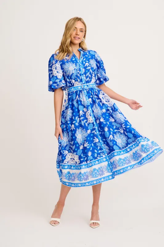 Harlyn Maxi Shirt Dress in Blue with White Floral Linen Blend sold by St Frock