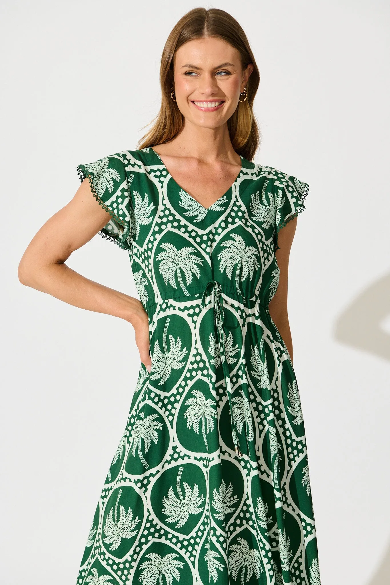 Atana Midi Dress in Green Palm Tree Tiles Print sold by St Frock product image thumbnail 2