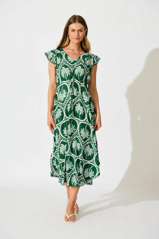 Atana Midi Dress in Green Palm Tree Tiles Print sold by St Frock