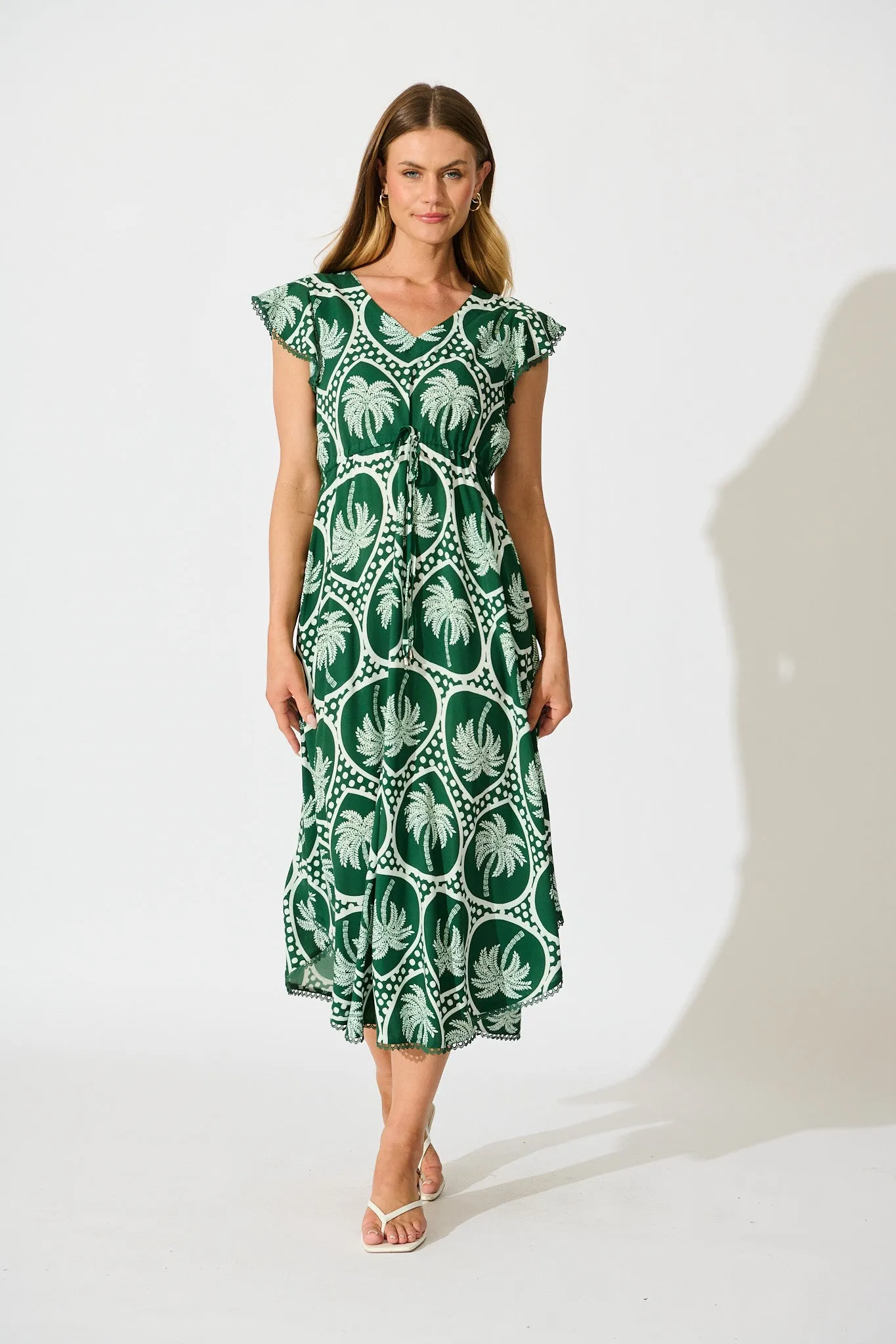 Atana Midi Dress in Green Palm Tree Tiles Print sold by St Frock