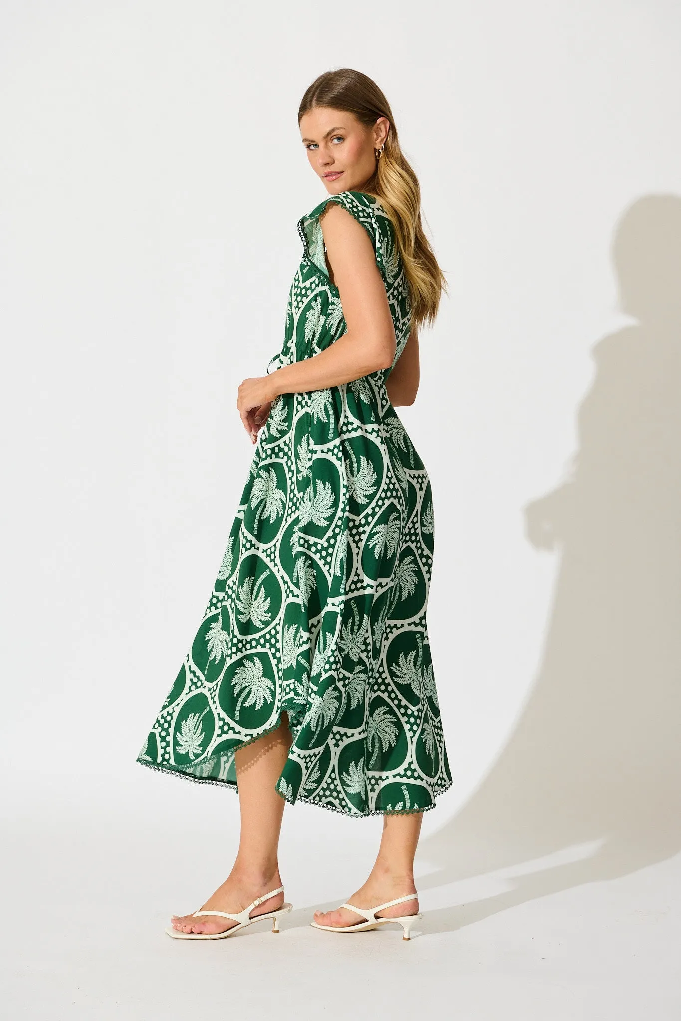 Atana Midi Dress in Green Palm Tree Tiles Print sold by St Frock product image thumbnail 3