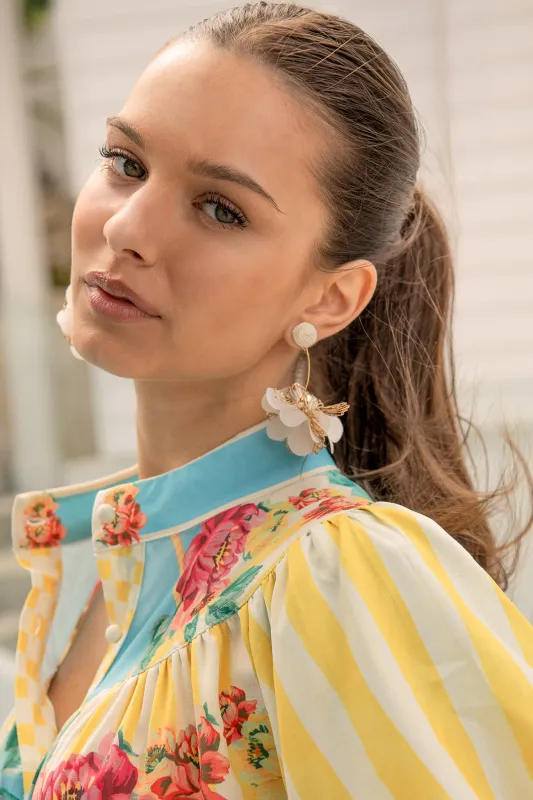 Camila Statement Earrings in Cream and Gold Floral made by St Frock