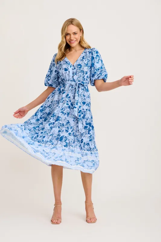 Marena Midi Dress in Blue with Navy Floral sold by St Frock