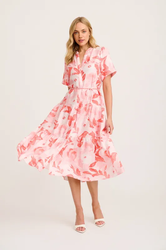 Maura Midi Dress in Multi Pink and Red Leaf Print sold by St Frock