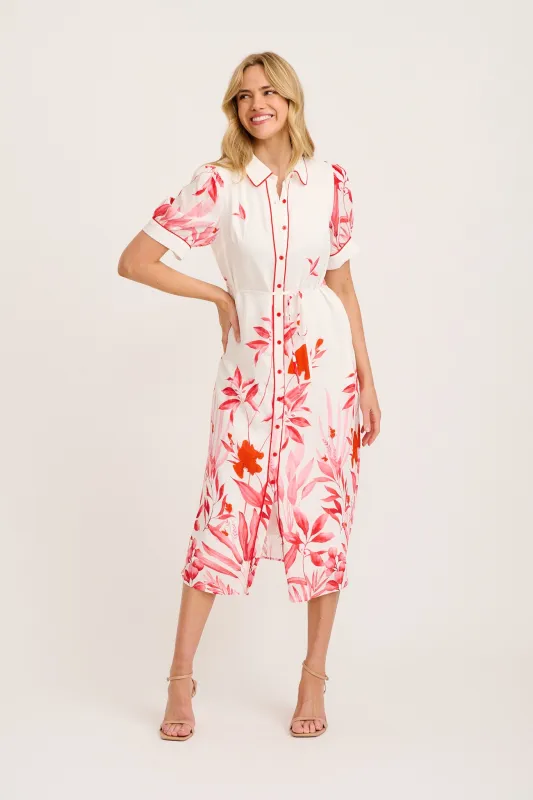 Arla Midi Shirt Dress in White with Pink and Red Leaf sold by St Frock