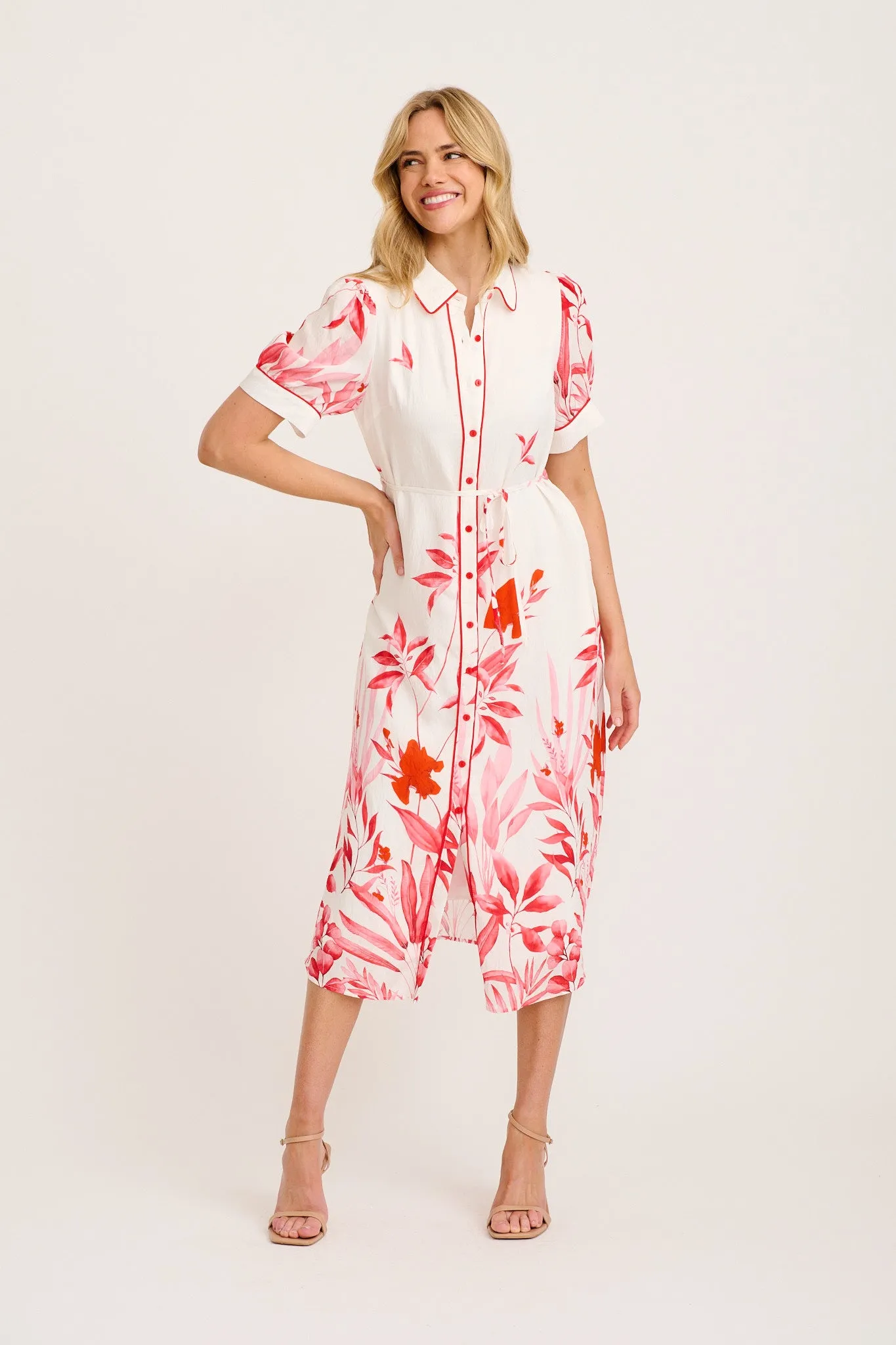 Arla Midi Shirt Dress in White with Pink and Red Leaf sold by St Frock