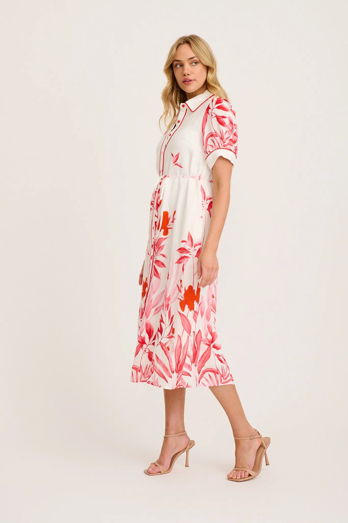 Arla Midi Shirt Dress in White with Pink and Red Leaf sold by St Frock product image thumbnail 3