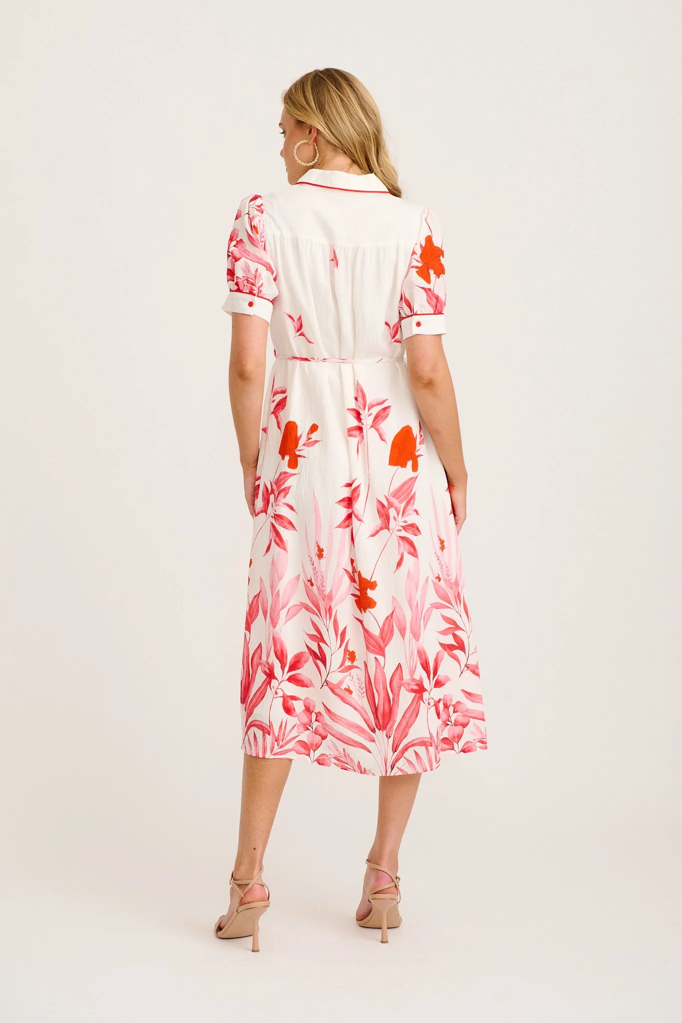 Arla Midi Shirt Dress in White with Pink and Red Leaf sold by St Frock product image thumbnail 4