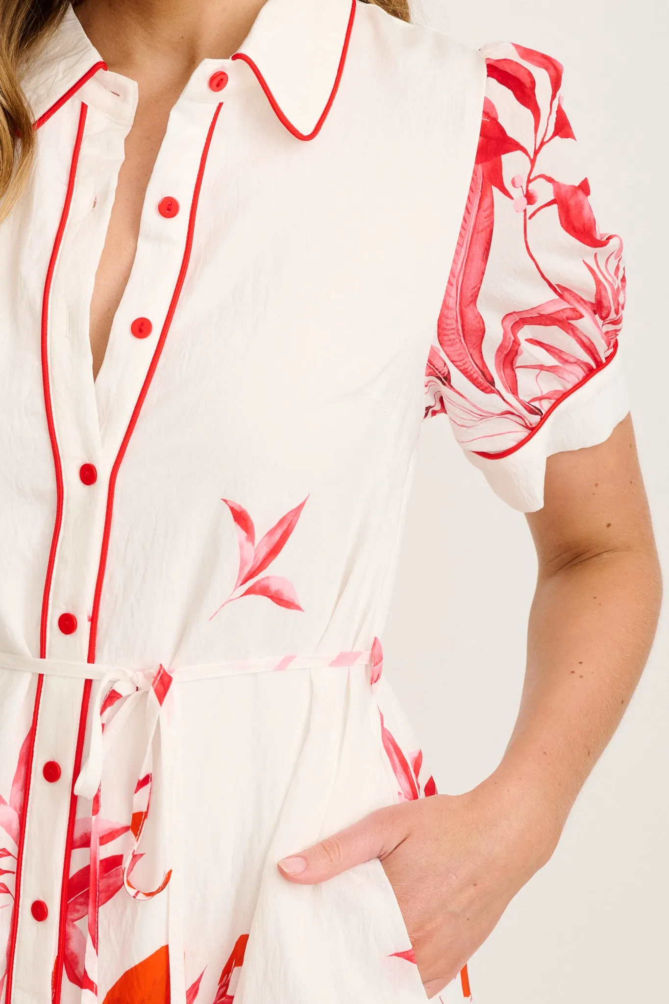 Arla Midi Shirt Dress in White with Pink and Red Leaf sold by St Frock product image thumbnail 5