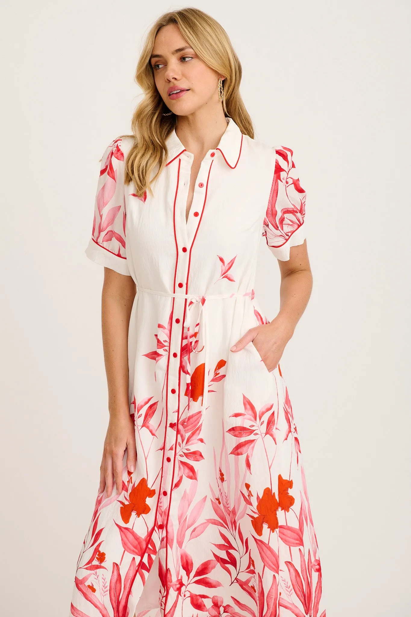Arla Midi Shirt Dress in White with Pink and Red Leaf sold by St Frock product image thumbnail 2