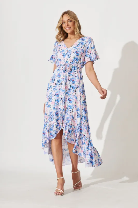 Cara Maxi Dress In White With Blue Watercolour Floral Print sold by St Frock