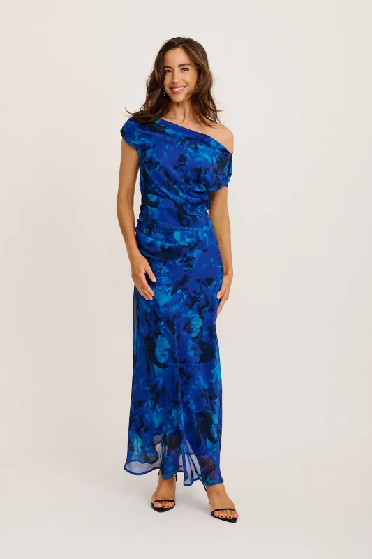 Marielle Off Shoulder Maxi Dress in Blue Watercolour Chiffon sold by St Frock