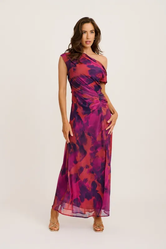 Marielle Off Shoulder Maxi Dress in Purple Watercolour Chiffon sold by St Frock