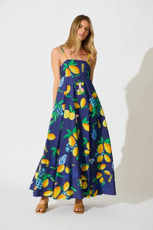 Lova Maxi Sundress in Navy with Lemon Print Cotton sold by St Frock