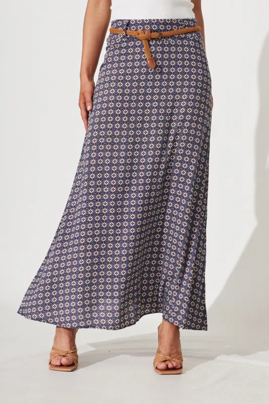 Josephine Maxi Skirt With Belt In Blue Tile Print sold by St Frock