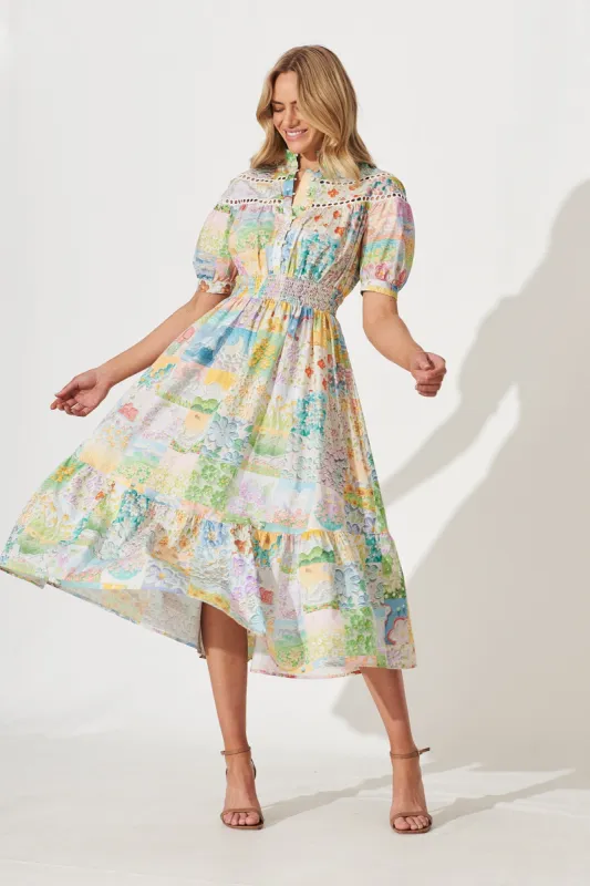 Lynette Midi Dress In Multi Floral Patch Print Cotton sold by St Frock