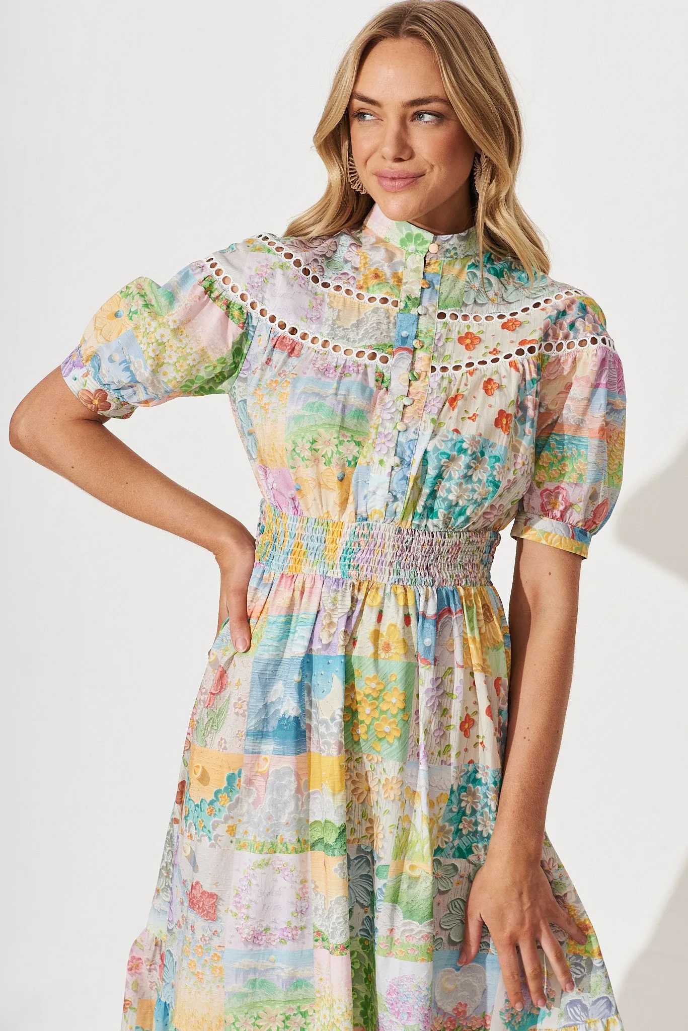 Lynette Midi Dress In Multi Floral Patch Print Cotton sold by St Frock product image thumbnail 2