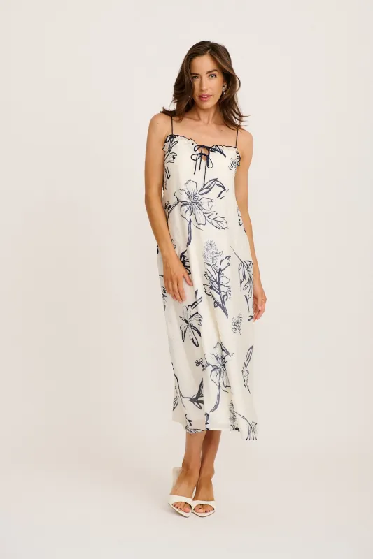 Adley Midi Dress in White with Navy Floral sold by St Frock