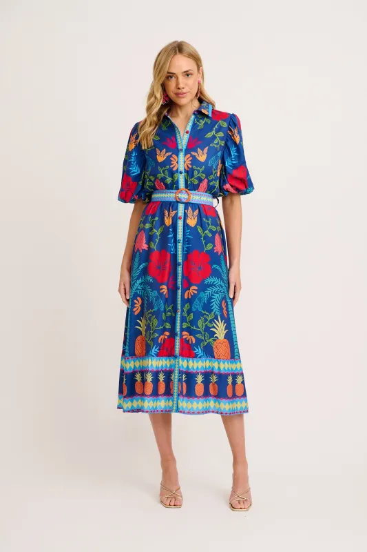 Harlyn Maxi Shirt Dress in Navy Multi Tropical Linen Blend sold by St Frock